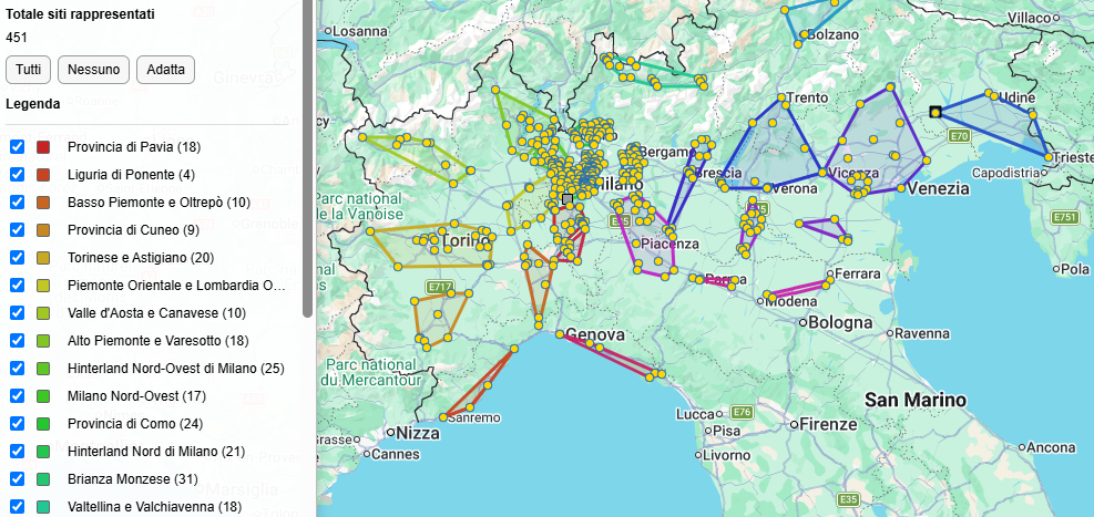 Mappa dei cluster geografici con siti e poligoni colorati in GIRI2-0