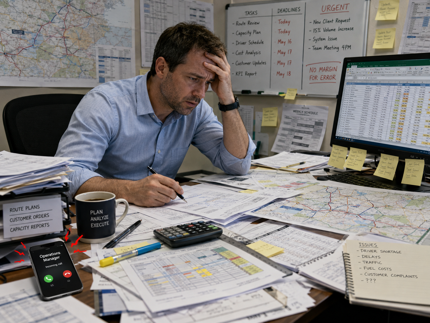 Planner sotto pressione con ufficio caotico e molte urgenze operative
