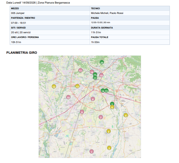 Mappa giro con 20 siti pianificati in GIRI2-0